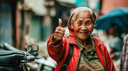 Older southeast Asian woman giving thumb up.