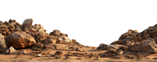 Rock mountain slope foreground close-up isolated on white background. Element for matte painting, copy space.