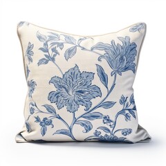 Square Shape Blue Floral Print Throw Accent Pillow Isolated. Plush Decorative Stitched Cushion with Feather Fill Zipper Ivory Upholstered. Cotton Down Filled Snug Lush Toss Pillow. Interior Decoration