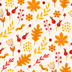 Autumn seamless pattern with flowers and falling leaves.