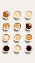 Coffee cup pattern on white background. Top view