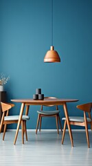 Interior of modern dining room with blue wall