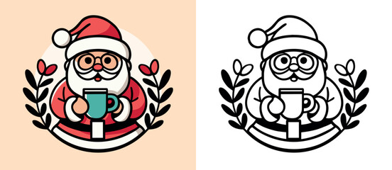 Santa drinking coffee illustration. Cute Santa Claus holding a mug. Holiday season aesthetic drawing for coffee lovers, barista and coffee shops. Minimalist flat design vector for print products.