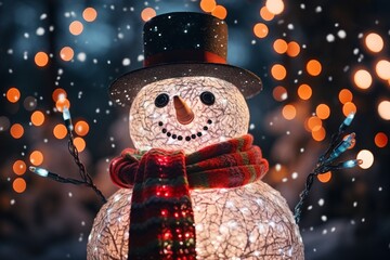 The Christmas snowman is glowing with garlands, and is wearing a hat and scarf.