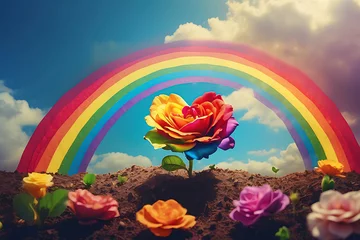 Foto op Canvas Rainbow flower growing out of the dirt with a rainbow above it. LGBTQ growing concept. AI generated. © Vid