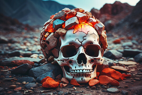 Skull with hot rocks on it`s head in the rocky wasteland. In the valley. Concept of being overwhelmed with information in modern world