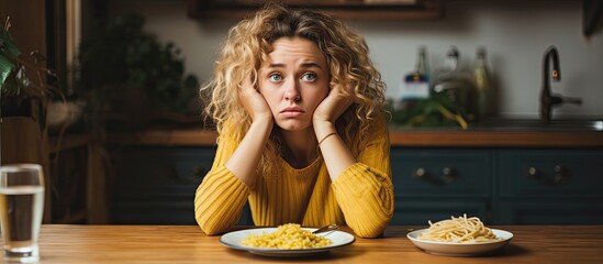 Unhappy white woman avoids eating homemade pasta due to diet - obrazy, fototapety, plakaty