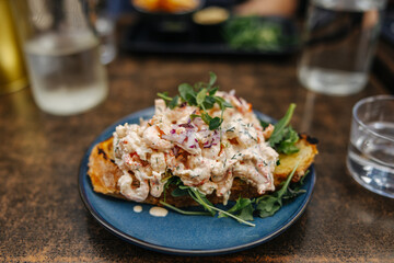 Traditional Norwegian shrimp sandwich Toast Skagen