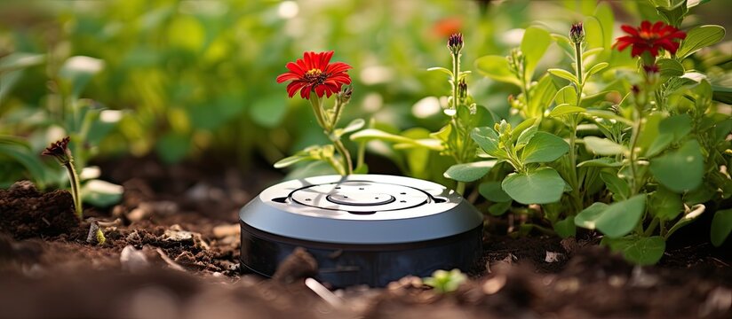Ultrasonic mole repellent device beeping in flower bed soil to repel pests