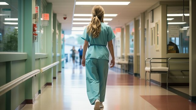 Dedicated Nurse on the Move: Nurse Walking Through the Hospital Corridor, Generative AI