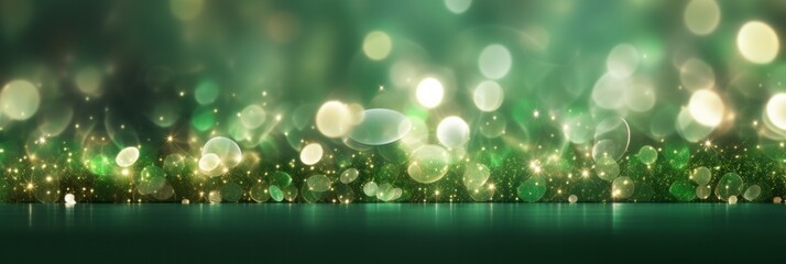 Festive Christmas background with green bokeh lights and beautiful rays creating an abstract banner