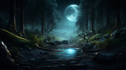 Scene alone dark forest night light landscape picture Ai generated art