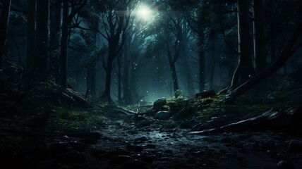Scene alone dark forest night light landscape picture Ai generated art - obrazy, fototapety, plakaty