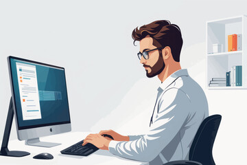 Fototapeta na wymiar young man in office working on computer. male character with glasses. flat cartoon illustration young man in office working on computer. male character with glasses. flat cartoon illustration business