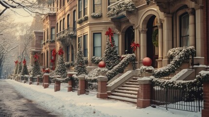 Fototapeta na wymiar Festive Winter Wonderland: Charming Boston Street with Landmark Cobblestone Decorations