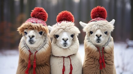 Festively Adorned Alpaca Trio in Winter Wonderland - obrazy, fototapety, plakaty