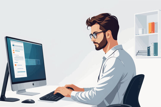 young man in office working on computer. male character with glasses. flat cartoon illustration young man in office working on computer. male character with glasses. flat cartoon illustration business