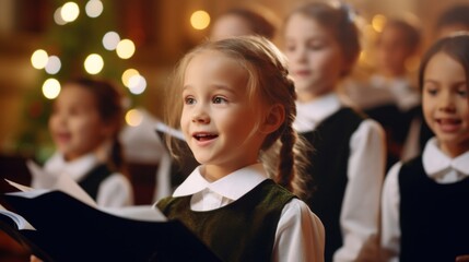 Joyful Christmas Choir: Children Singing in Decorated Church with Altar and Peaceful Aura
