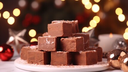 Indulgent Homemade Chocolate Fudge on a Festive Christmas Table: The Perfect Holiday Dessert Treat