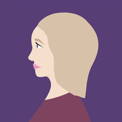 Portrait of a fashion woman. The head in profile of a European brunette woman. Face of girl. Flat design for for landing page, banner, social Media Avatar. Color vector illustration