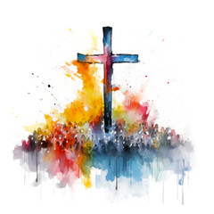 Christian Cross Colorful Watercolor Splashes Isolated on White Background, Religious Symbol