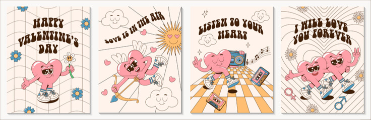 Happy Valentine's Day vintage templates of greeting cards or posters in retro groovy style. Cartoon romantic 60s, 70s vector illustrations with lovely hearts characters and abstract forms.