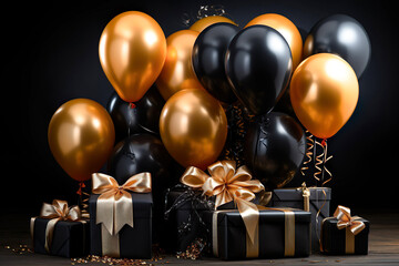 Black friday sale banner. Black and golden colored balloons with gift boxes in black background.