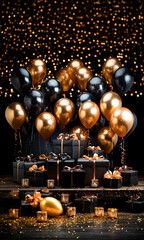 Black friday sale banner. Black and golden colored balloons with gift boxes in black bokeh background.