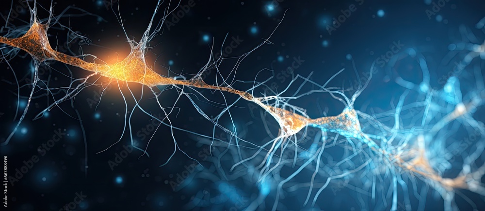 Poster spinal cord neurons observed under microscope with copyspace for text