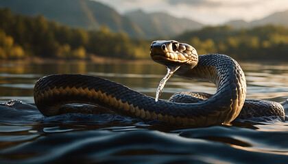 The fluid movements of the snake as it slithers through the water, its scaly body undulating sinuously as it navigates the river's twists and turns. - obrazy, fototapety, plakaty