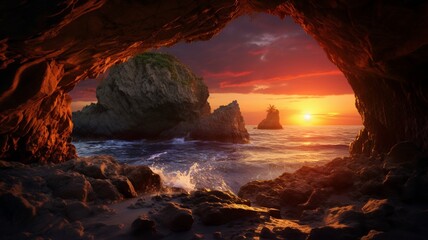 Sunset flush inside sunset sea cave entrance photography picture Ai generated art