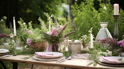 Table decor, holiday tablescape and dinner table setting in countryside garden, formal event decoration for wedding, family celebration, English country and home styling