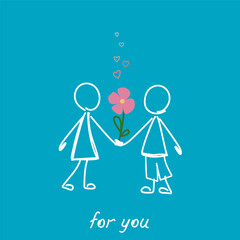 Boy gives the girl a flower, hearts, text - for you. line art. Concept of love, gift, birthday