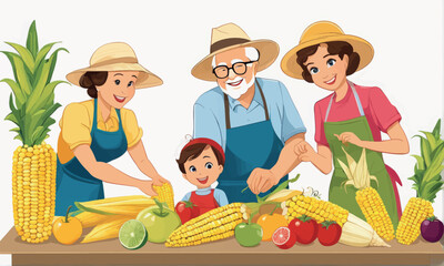 family farmers, farmer and children family farmers, farmer and children vector cartoon people with farmer and vegetables