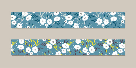 Vector illustration of a set of decorative ribbon stripes. Masking tape, satin or corsage, grssgrain tape, adhesive tapes for frames, scrapbooking. Packing patterned ribbons with foral ornament