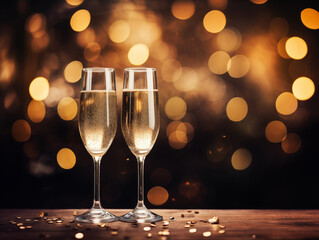 Two glasses of champagne with golden bokeh on dark. Christmas and new year celebration. Ai generation. - 667890235