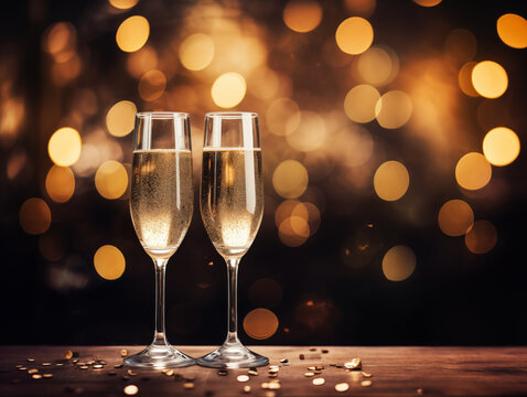 Two glasses of champagne with golden bokeh on dark. Christmas and new year celebration. Ai generation.