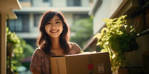 Young Asian girl with empty boxes, moving theme. Generative AI