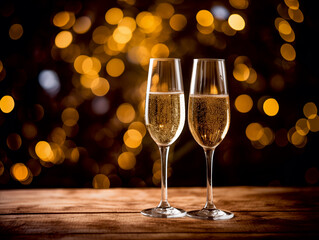 Two glasses of champagne with golden bokeh on dark. Christmas and new year celebration. Ai generation.