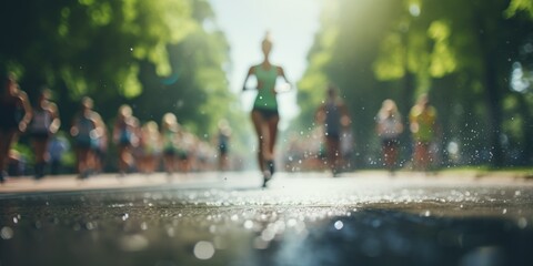 Blurred background of a group of people running in the park. Theme of sports. Generative AI - obrazy, fototapety, plakaty
