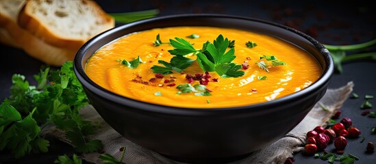 Soup made with sweet potatoes and carrots served in winter - obrazy, fototapety, plakaty