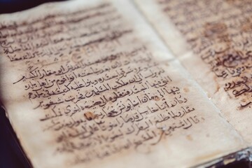 Closeup of  Ancient Christian Bible, written in Arabic with a blurry background