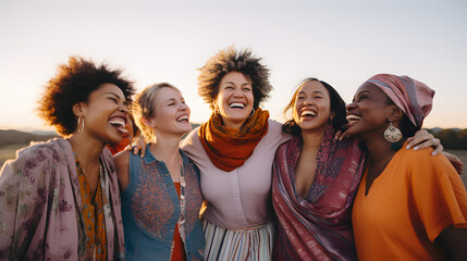mujeres de diversas razas y edades ríen y son felices - obrazy, fototapety, plakaty