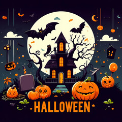 Spooky Halloween illustration concept with pumpkins, moon, bats and old house.