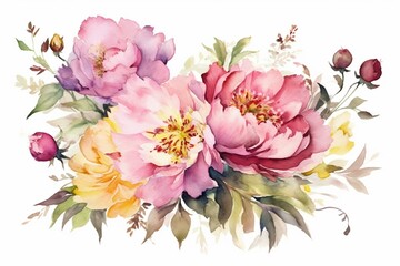 Watercolor painting of peony and blossom flowers on white background, perfect for weddings, invitations, valentine cards, and prints. Generative AI