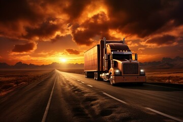 A truck driving under a captivating sunset. Generative AI