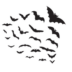 Black silhouettes of halloween bats set on white background