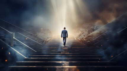 Ambition businessman climbing the stairs to success. Career ambitious path success, future planning and business competitions concept - obrazy, fototapety, plakaty