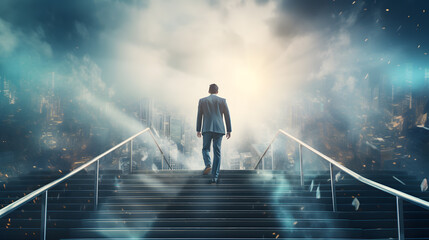Ambition businessman climbing the stairs to success. Career ambitious path success, future planning and business competitions concept - obrazy, fototapety, plakaty