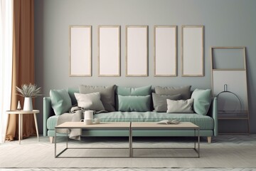 Cozy lounge with sofa and table. Empty frame showcase. Generative AI